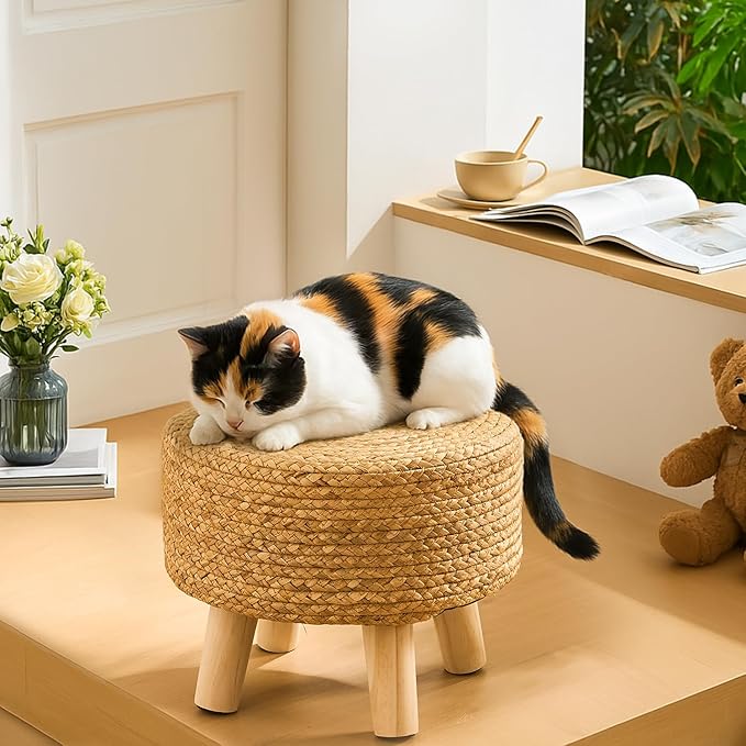 Handwoven Round Ottoman, Natural Water Hyacinth Outdoor Patio Pouf Seagrass Low Stool with Wood Legs, Soft Padded Footrest for Living Room Bedroom Garden, Natural