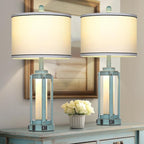 Table Lamp for Living Room, Vintage Rustic Industrial Farmhouse Lamps with USB A+C Charging Ports & AC Outlet, Beside Nightstand Metal Lamp with LED Night Light & Fabric Shade for Bedrooms