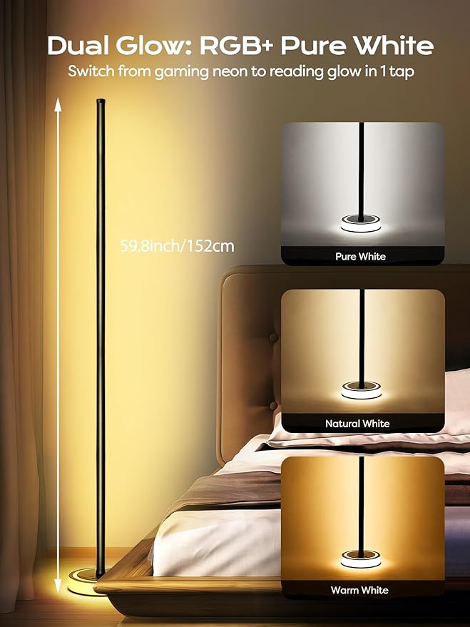 Smart RGBICW Corner Floor Lamp with App & Remote Control - 16 Million Colors, Music Sync, Timer Setting, Dimmable Ambient Lighting LED Standing Lamp for Bedroom, Living Room, Gaming Room & Home Decor