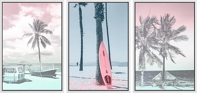 SIGNWIN Framed Canvas Print Wall Art Set Vintage Retro Hawaiian Island Hut Surfboard Nature Wilderness Photography Modern Art Landscape Relax/Calm for Living Room, Bedroom, Office - 24"x36"x3 White