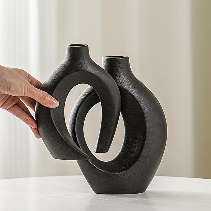 Levvohd Black Hollow Ceramic Vase Set of 2, Snuggle Round Boho Donut Modern Vase Nordic Minimalist Decorative Vase for Modern Trendy Home Table Centerpiece Decor (W 6.3" X H 8")