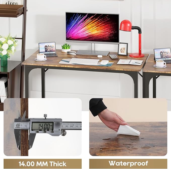 PayLessHere | 39 Inch Computer Desk | Brown | Office Desk with Metal Frame, Adjustable Feet | Water-Resistant, Scratchproof Surface | Sturdy Writing Table for Home Office or Study | Pack of 2