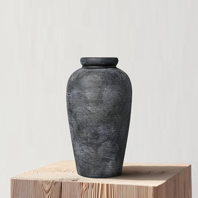 Rustic Vase, 11 inch Large Terracotta Flower Vase, Farmhouse Ceramic Pottery, Distressed Farmhouse Decor for Living Room, Shelf, Entryway, Room Decor, Black Bronze