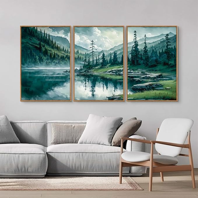 Tinonedraw Large Nature Forest Framed Canvas Wall Art Set, Boho Mountains Calming Lake Wall Decor, Green Pine Trees Artwork, Northern Wilderness Art Painting for Living Room Bedroom Office 24"x36"x3
