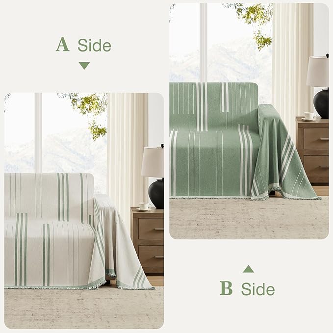 Boho Couch Cover Washable Sectional Couch Covers for Dogs Reversible Sofa Slipcover for 2 or 3 Cushion Couch Pet Friendly Furniture Protector (2# Sage Green, 71" x 118")