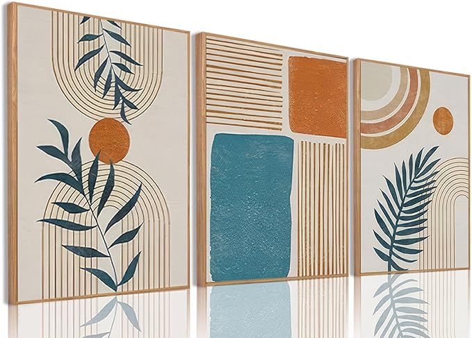 Bwodke Boho Wall Art, Framed Abstract Wall Art, botanical Neutral Canvas Wall Decor, Large Mid Century Plant Pictures Set of 3, Modern Minimalist Paintings ，for Bedroom Living Room Bathroom