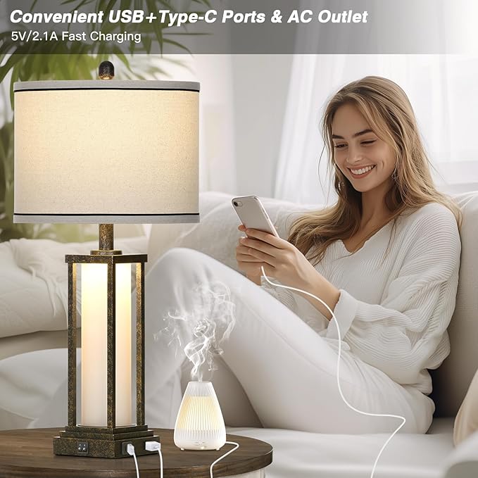 27" Tall Vintage Table Lamp Set of 2 with USB C+A & Outlet,Bronze Industrial End Table Lamp for Living Room,Farmhouse Rustic Bedside Lamps with Frosted Glass Night Light for Bedroom Nightstand,Bronze