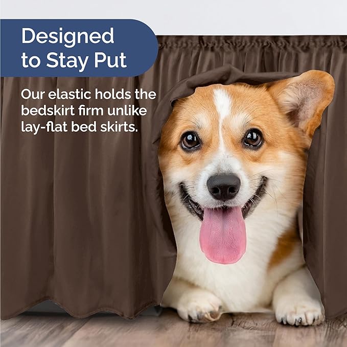 Wrap Around Dust Ruffle Bed Skirt - Brown - for Queen Size Beds with 18 Inch Drop - Easy Fit Elastic Strap - Adjustable Pleated Bedskirt w/Brushed Fabric - Wrinkle Free - for Women, Men, Kids & Teens