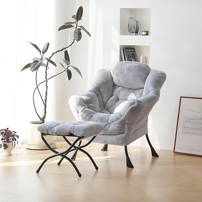 Plush Lazy Chair and Ottoman, Large Contemporary Accent Lounge Chair with Armrests and a Side Pocket, Modern Leisure Upholstered Sofa Reading Armchair with Footrest for Bedroom, Living Room