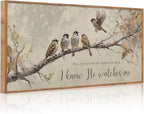 Aurlan His Eye is on the Sparrow Christian Wall Art Framed(40"x20"), Vintage Neutral Birds on Tree Branch Nature Canvas Artwork, Religious Faith Gift Bible Verse Scripture Print Decor for Home Office Bedroom