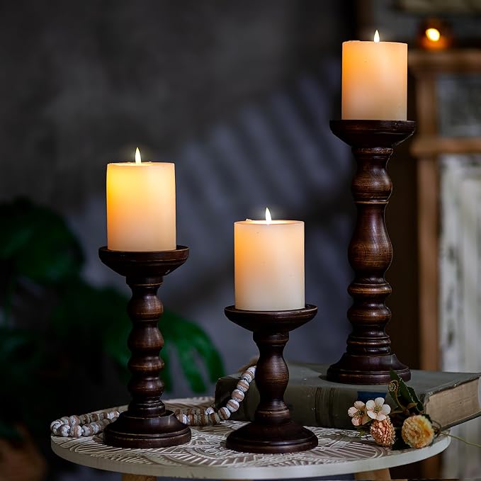 Romadedi Wood Candle Holders for Pillar - Set of 3 Tall Rustic Vintage Wooden Candlestick Holder, Farmhouse Candle Stand for Fireplace Mantle Shelf Table Home Decor, Dark Brown, 6"/ 8.3"/11.8"