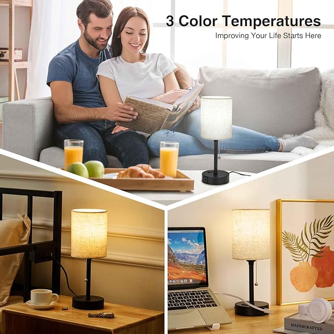 Small Bedside Table Lamp for Nightstand with USB & Outlet, 3 Color, Matte Black, Beige Lampshade (LED Bulb Included)