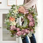 WANNA-CUL 24 Inch Spring Peony Wreaths for Front Door,Succulent Summer Wreath with Pink Peony Floral, Spring Front Door Decor with Succulent Arrangement Decoration