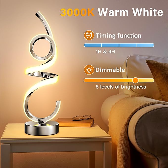 Modern Spiral Table Lamp Color Changing Night Light Rechargeable LED Nightstand Lamp Dimmable Bedroom Lamp Remote Control for Home Decor Living Room Bedroom Office