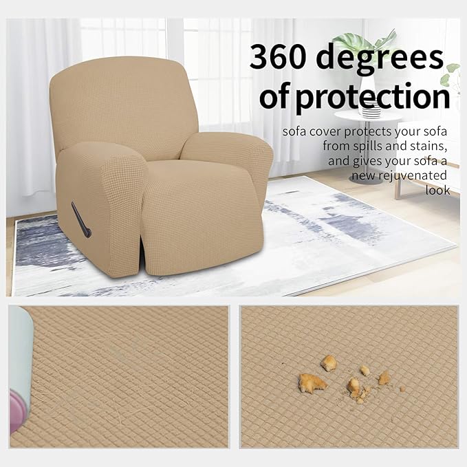 Easy-Going 4 Pieces Oversized Recliner Stretch Sofa Slipcover Sofa Cover Furniture Protector Couch Soft with Elastic Bottom Polyester Spandex Jacquard Fabric Small Checks Sand X-Large