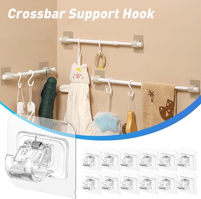 12PCS Self Adhesive Curtain Rod Holder, No Drill Curtain Rod Brackets, Nail Free Adjustable Curtain Rod Hooks, Curtain Rods No Drilling for Windows Home Kitchen Bedroom Hotel (Transparent)