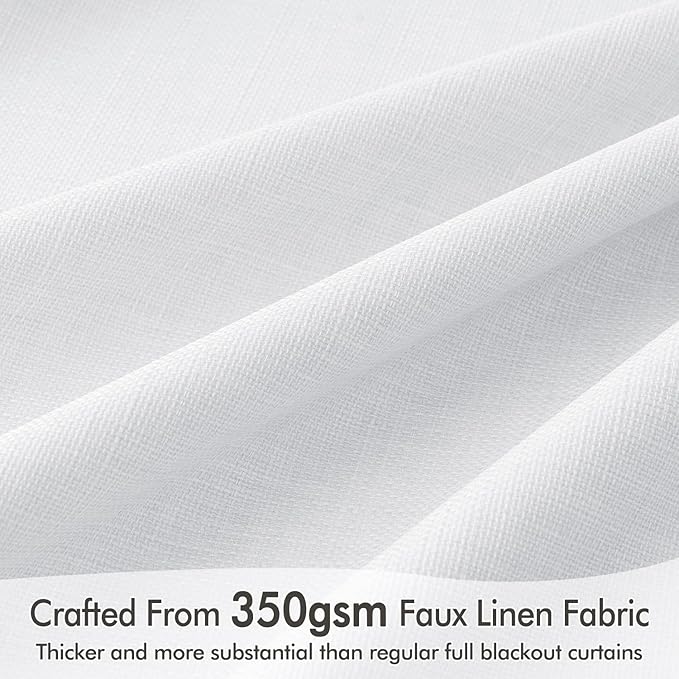 MIULEE 100% Blackout Curtains 90 Inch Long 2 Panels Set for Bedroom, Thick Faux Linen Black Out Curtain Room Darkening Back Tab Pleat Window Textured Drapes with Hooks for Living Room, Bright White