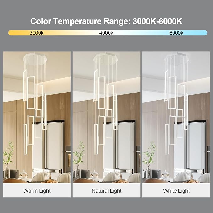 Modern Adjustable Height Pendant Light White 144W LED Pendant Lights 8 Rings Rectangular Chandelier Staircase Large Chandelier Lobby Living Room Kitchen Island Foyer High Ceiling Chandeliers