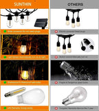 SUNTHIN Outdoor Solar String Lights, 48ft Solar Patio Lights with USB Rechargeable, Waterproof & Shatterproof Solar Powered Bulbs for Yard, Porch, Garden, Pool, Party, Camping