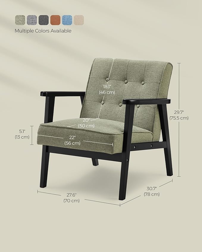 SONGMICS Accent Leisure Chair, Mid-Century Modern Arm Chair with Solid Wood Armrests and Legs, 1-Seat Cushioned Sofa for Living Room Bedroom Balcony Studio, Olive Green ULAC001C01