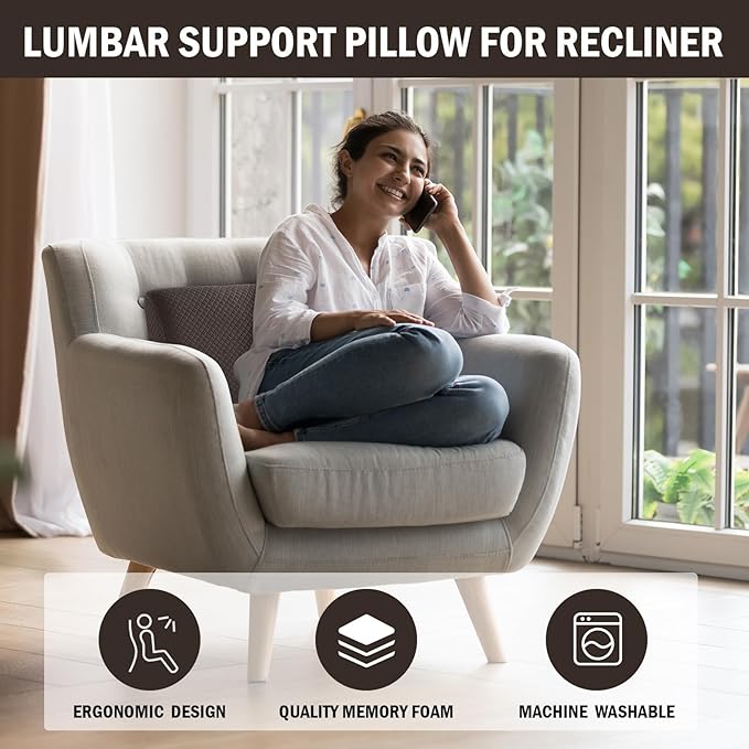 MABOZOO Memory Foam Back Support Cushion for Recliner Chair,Lumbar Support Pillow for Elderly,Extra Large Lumbar Support Pillow with Extension Straps,Dark Coffee