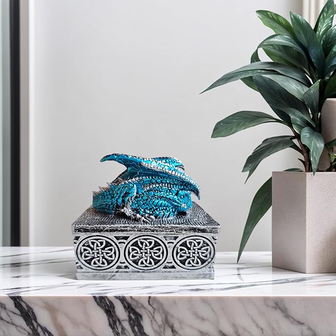 Dragon Statue Jewelry Box, Medieval Fantasy Myth Dragon With Cover Treasure Box, Dragon Statue Decoration Collection Gift Box. (Blue)