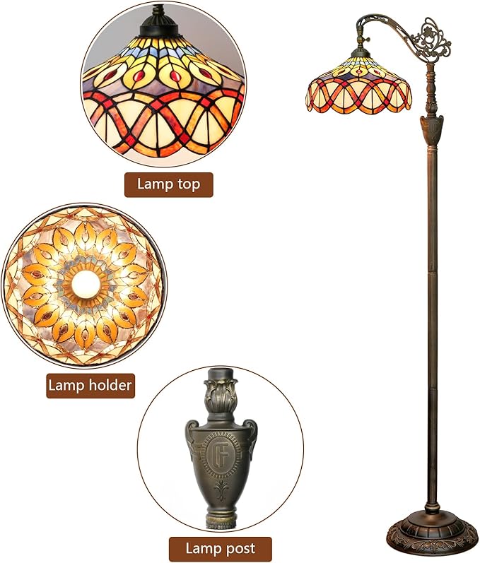 Tiffany Floor Lamp Yellow Peacock Tail Stained Glass Floor Light Adjustable Angle Tall Standing Lamp 63 inches for Home Living Room Bedroom