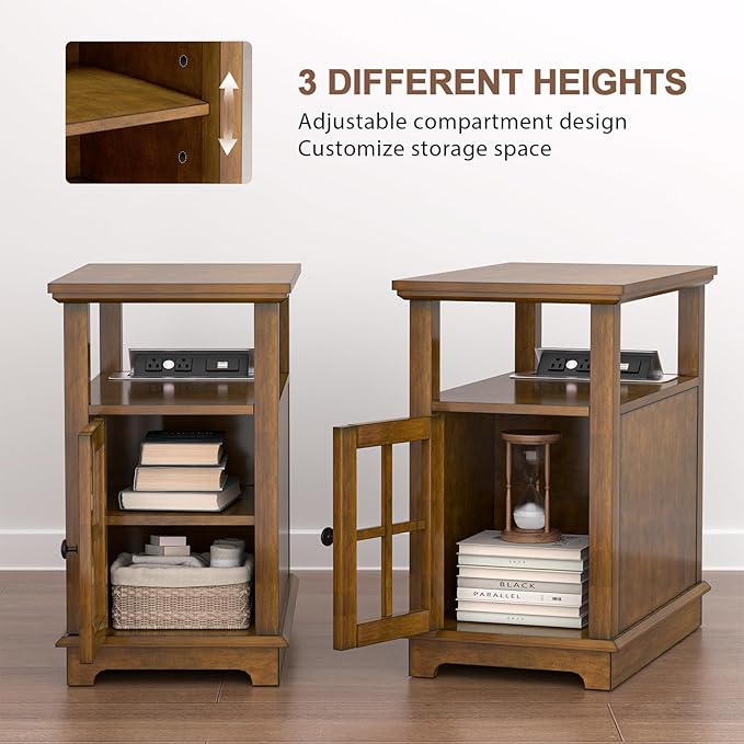 HIFYOBRO End Table with Flip Top Charging Station, Adjustable Shelf, Type-C & USB Port & Power outlets, Wooden Nightstand, Side Table with Storage for Living Room and Bedroom