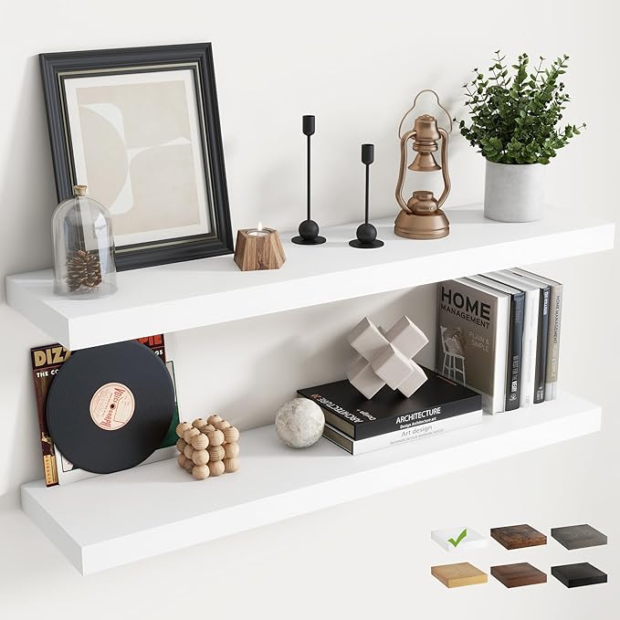 40 Inch Floating Shelves for Wall Set of 2, 8"D Wood Grain Bathroom Shelves with Invisible Brackets, Easy Install Engineered Wood Storage Shelves for Kitchen, Living Room, Bedroom, White Finish