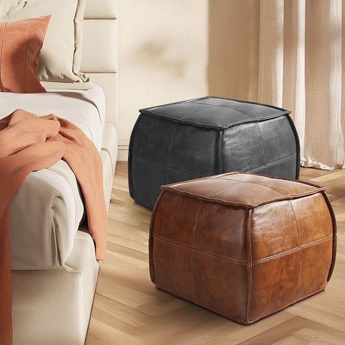 Leather Ottoman,Handmade Stuffed Square Ottoman,Genuine Leather Pouf, Foot Rest Pouf,Comfortable Soft Seating for Living Room & Bedroom (Grey, Square)