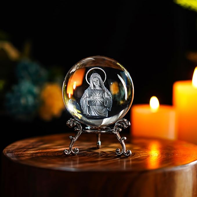 ZEERSHEE 3D The Virgin Mary Holding The Bible Crystal Ball with Stand Blessed Mother Statues Paperweight Christian Catholic Religious Gifts for Women Men