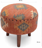 Handmade Kilim Jute Pouf Ottomans Wooden Seating Stool for Living Room, Bedroom (16" D x 16" W x 16" H) (Red)
