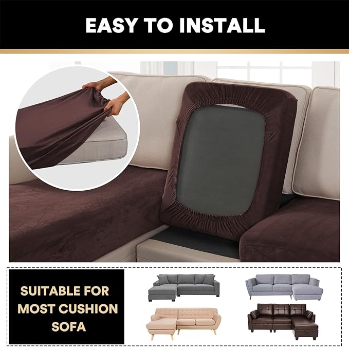 PrinceDeco Sectional Couch Covers 3 Pieces Velvet Sofa Covers L Shape Soft Couch Covers for Sectional Sofa Corner Sofa Cover Couch Cover for Dogs Washable (2 Seater + 1 Chaise,Brown)