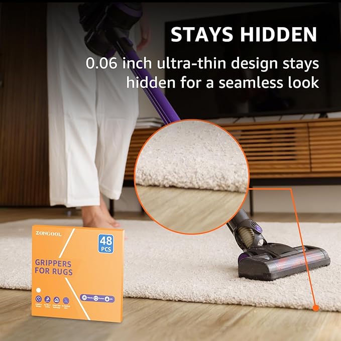 ZONGOOL 48 PCS Rug Tape, Reusable Washable Grippers for Rugs, Double Sided Non-Slip Rug Pads for Hardwood Floors, Rug Stoppers to Prevent Sliding, White