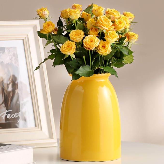 hjn Yellow Flower Vase- Ceramic Vase for Decor, Decor vase for Flowers, Modern Vases for Living Room/Home Decor Accents/Entryway/Mantel/Bookshel-Yellow