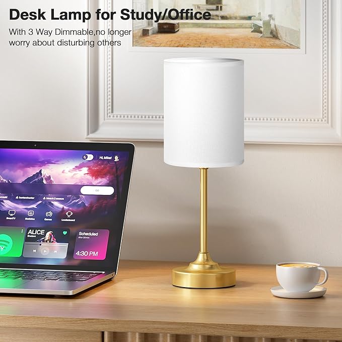 Touch Bedside Table Lamps for Bedroom - 3 Way Dimmable Gold Nightstand Lamp, Small Desk Lamp for Office, Living Room, Dorm Room, Reading