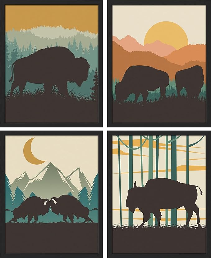 SIGNWIN Framed Country Farmhouse Vibrant Bison Wall Art, Set of 4 Silhouette Animals Wall Decor Prints, Wilderness Nature Wall Décor for Living Room, Bedroom - 11"x14" Black