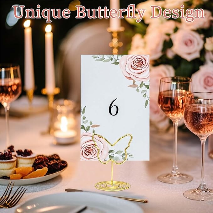 32pcs Gold Table Number Holders, Butterfly Picture Holders For Tables, Elegant Wire Place Card Holders & Table Card Holders For Wedding, Graduation, Party, Centerpiece Decor