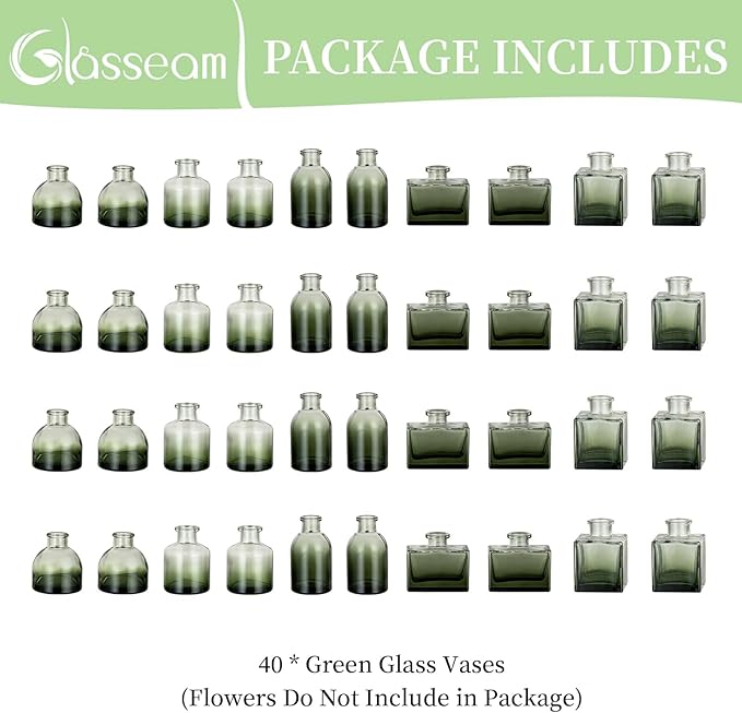 Glasseam Bud Vases in Bulk 40: Green Glass Vases for Centerpieces Cute Small Vases for Flowers Mini Decorative Tiny Centerpiece Table Decor Wedding Party Dining Room Decoration