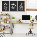 Flower Plant Wall Art Decor 16"x11" Set of 3 Black And White Botanical Painting Wood Framed For Minimalist Bedroom Office Rustic Living Room Abstract Wildflower Sign Hanging (Wood Black)