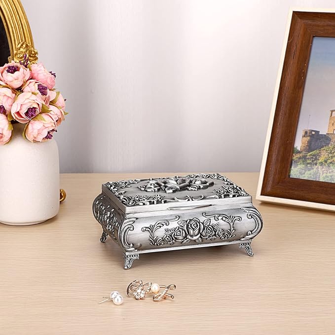 ELLDOO Vintage Music Box, Silver Metal Musical Jewelry Box Keepsake Box, Small Trinket Jewelry Storage Box Gift for Girl Women (Tune: You are My Sunshine)