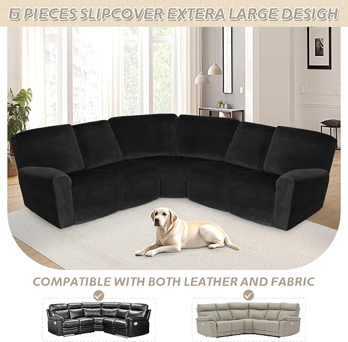 Arfntevss Sectional Recliner Couch Covers Velvet Corner Sectional Sofa Cover for Reclining Couch Stretch Soft L Shape Recliner Slipcover Thick U Shaped Washable Protector (5 Seat Cover, Black)