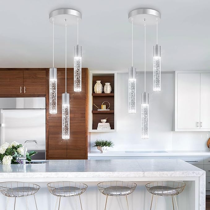 3-Lights Pendants Light for Kitchen Island Chandeliers Dining Room Pendant Lighting Fixture Bubble Crystal Ceiling Hanging Lights Bedroom Island Kitchen 6000K White Light Fixtures Chrome
