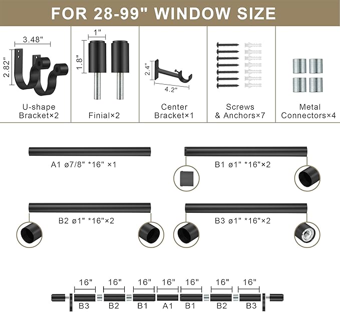 Curtain Rods for 28-99” Windows, Splicing Construction, 1” Adjustable Drapery Rod with Aluminum Alloy Brackets and Finials for Window, Sliding Door, Patio, Living Room Decoration, Matte Black
