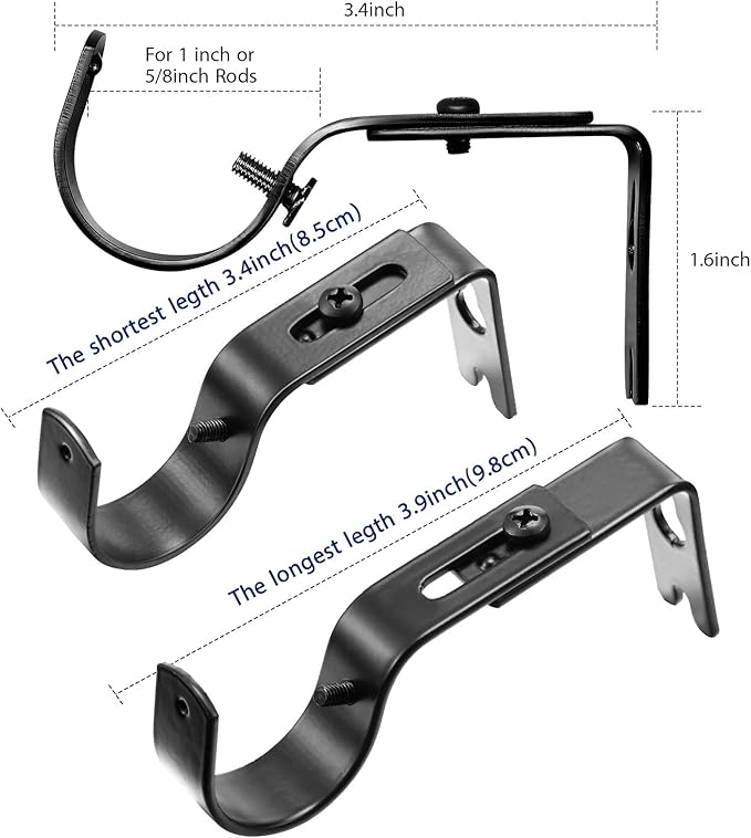 Frienda 2 Pcs Curtain Rod Brackets Adjustable Holder Wall for 1 Inch Diameter Curtain Rod General Bracket Hooks with Screws (Classic Black)