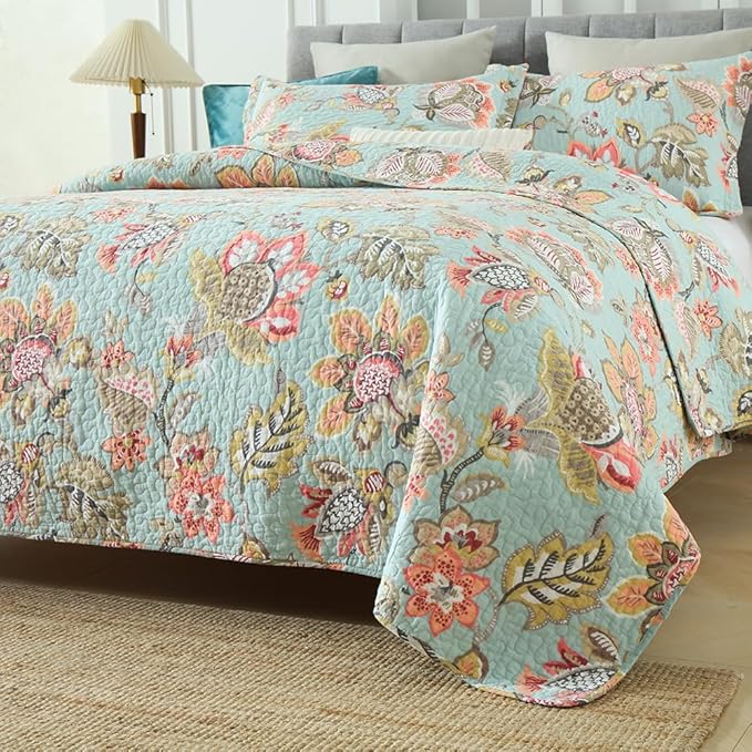Cotton Bedspread Bedding Coverlet Quilt Sets, Reversible Vintage Branch Floral Bedspread comforters, (Vintage Floral Blue Pattern, King Size)