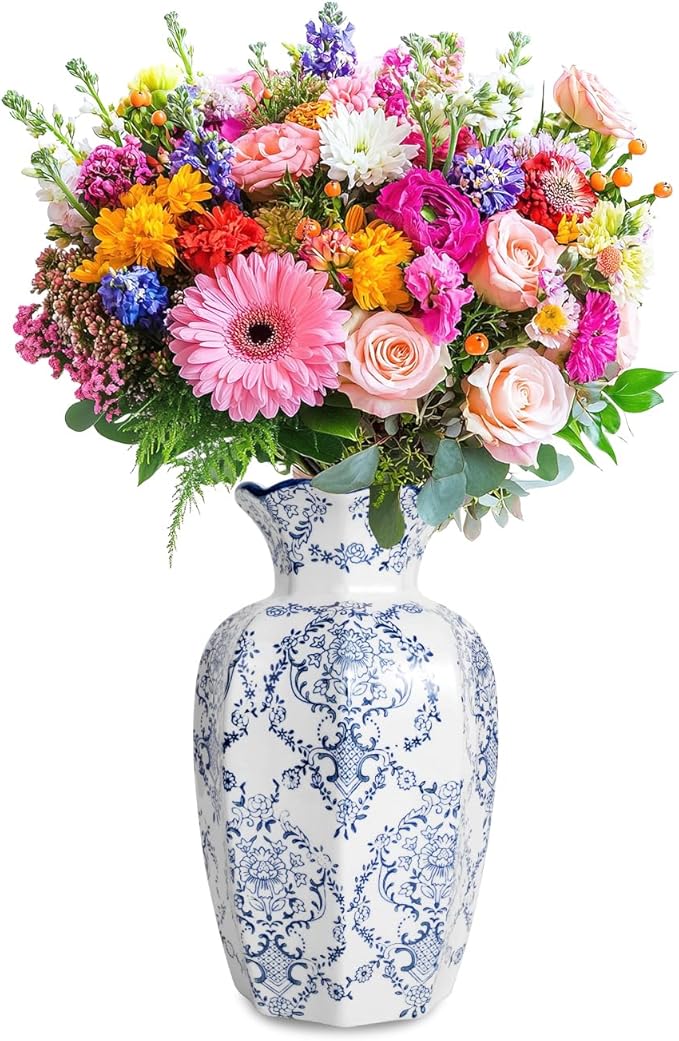 Chinoiserie Vase,9.5 inch Blue and White Vase,Vintage Ceramic Vases,Flower Vase for Centerpiece,Chinese Cute Vases (Blue White, Large)