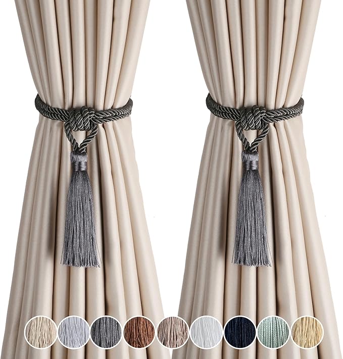 Fenghuangwu Curtain Tiebacks Tassel Tie-Backs, Rope Curtain tie Backs Handmade Curtain Holdbacks Made from Polyester (Charcoal, 2p)