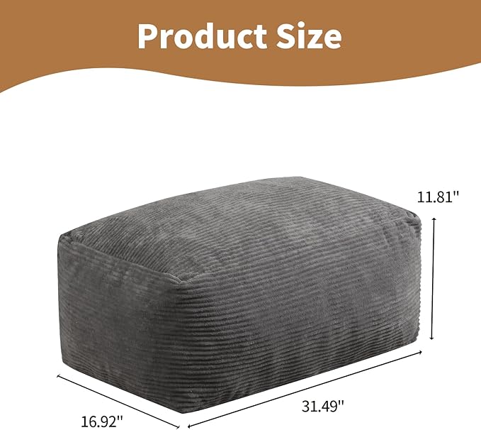 Square Pouf Ottoman, Comfy Lazy Floor Footrest with Memory Foam Filling for Living Room, Grey