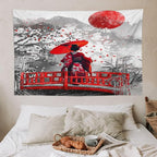 Japanese Red Geisha Tapestry Asian Cherry Blossom Red Sun Traditional Kimono Folk Tapestries Home Decor for Living Room Bedroom Apartment Farmhouse Dorm 60"x40"